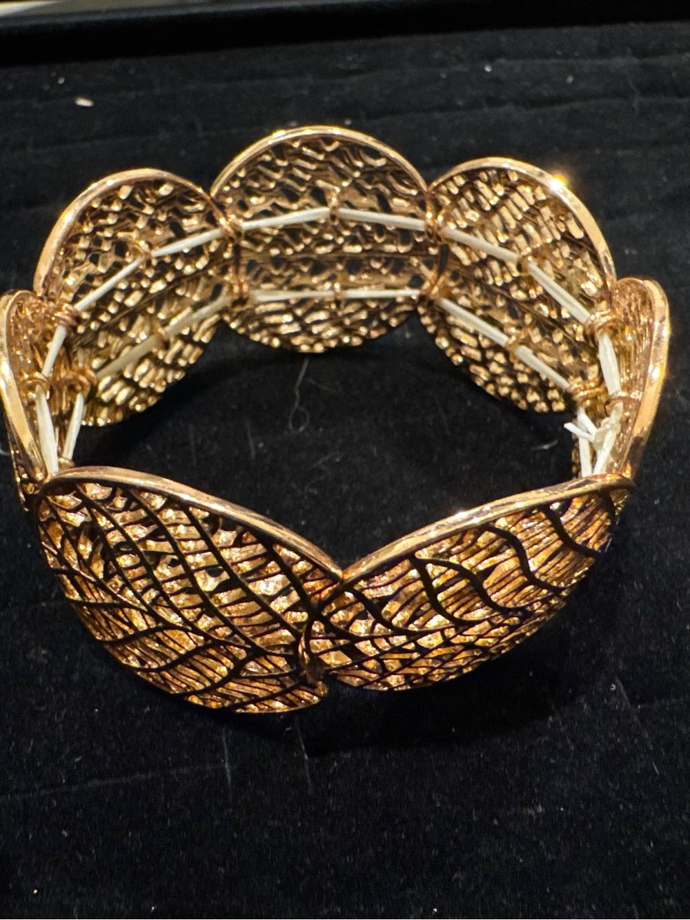 Gold Tone Filigree Leaf Stretch Bracelet Wide Statement Botanical Jewelry